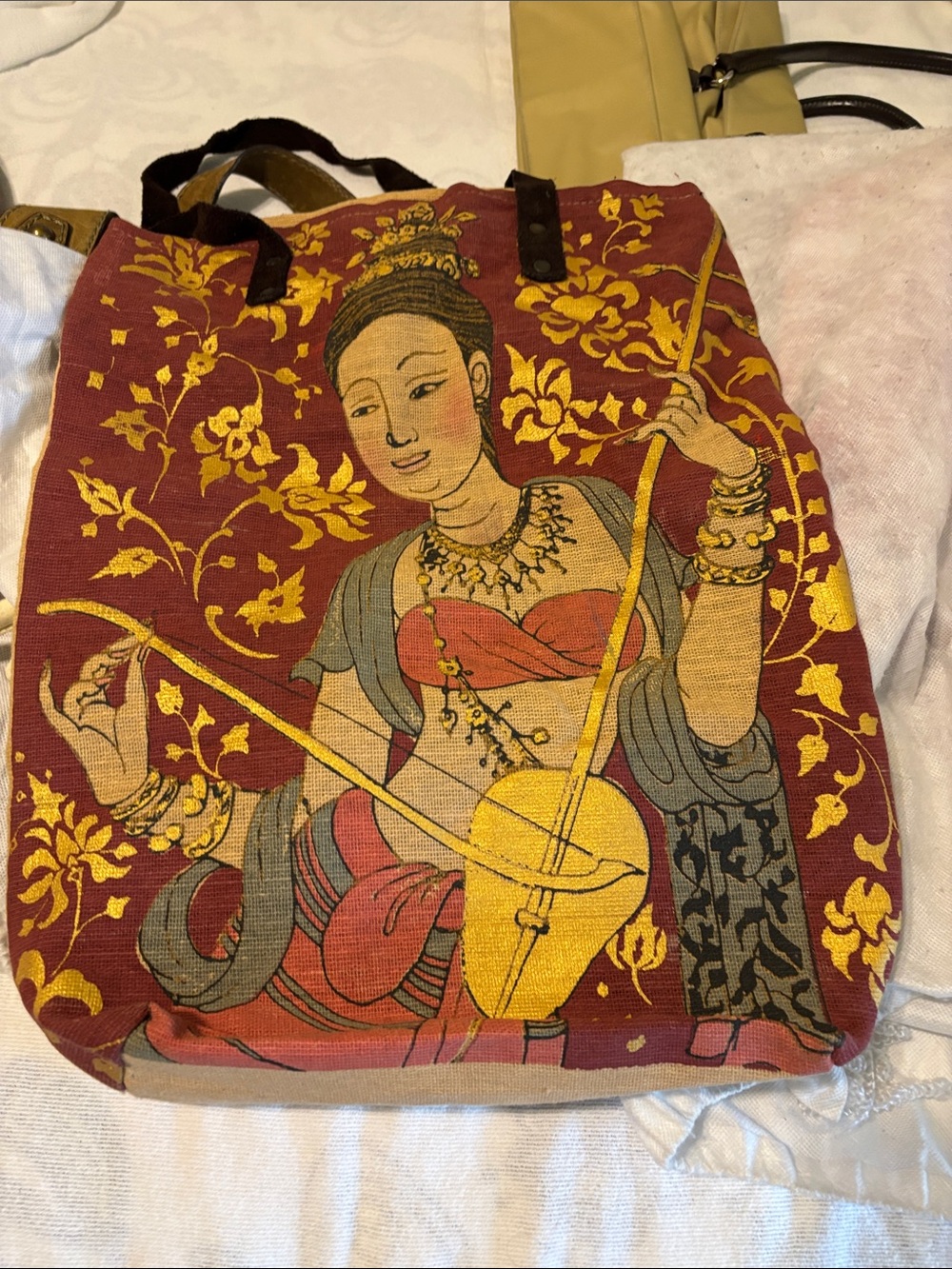 Bohemian Red & Gold Printed Canvas Tote Bag 18”x14”
